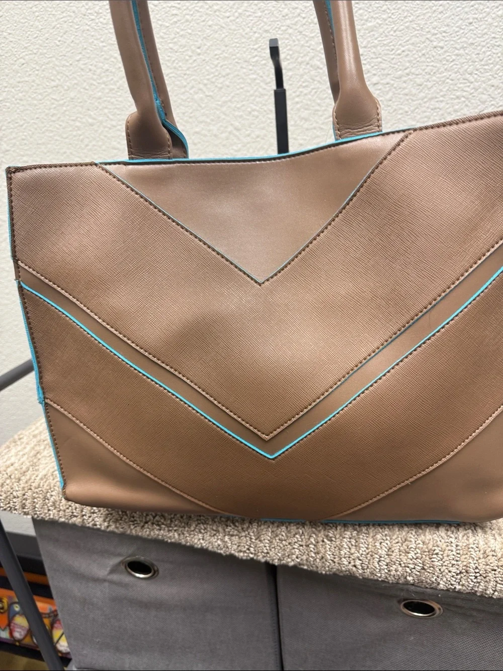 Vintage Steve Madden B Garrett Safiano Brown  Chevron Tote with Teal Trim